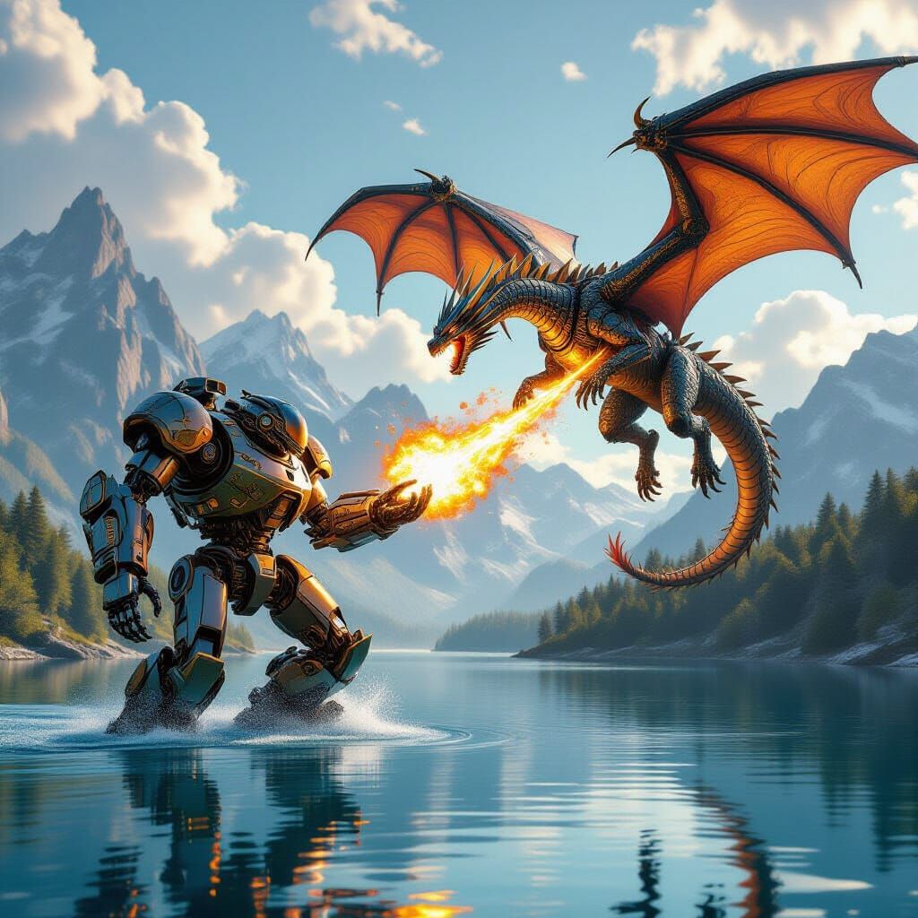 Steampunk Robot vs. Dragon in Fiery Lake Battle