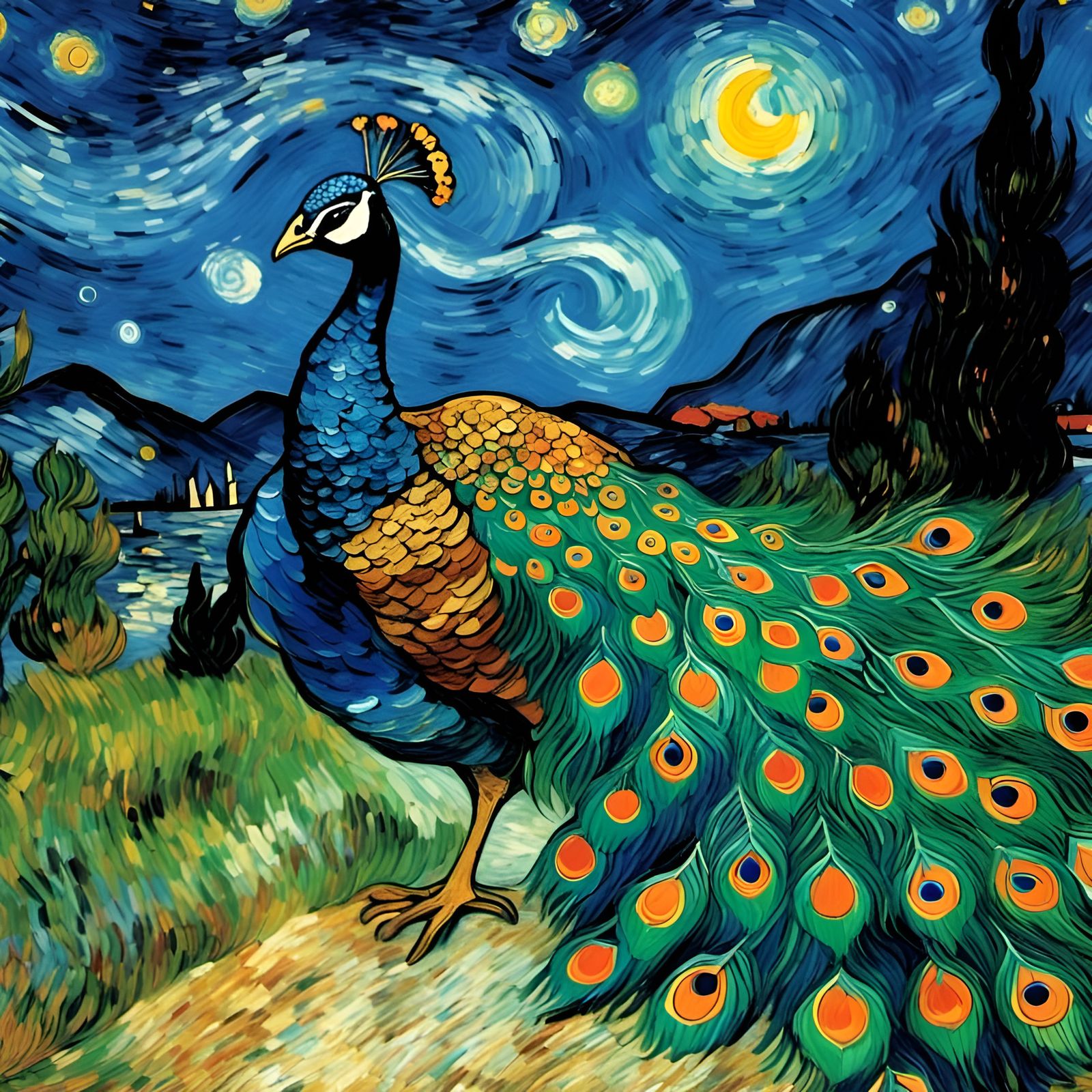 Peacock in Starry Night Greenhouse: Van Gogh Style