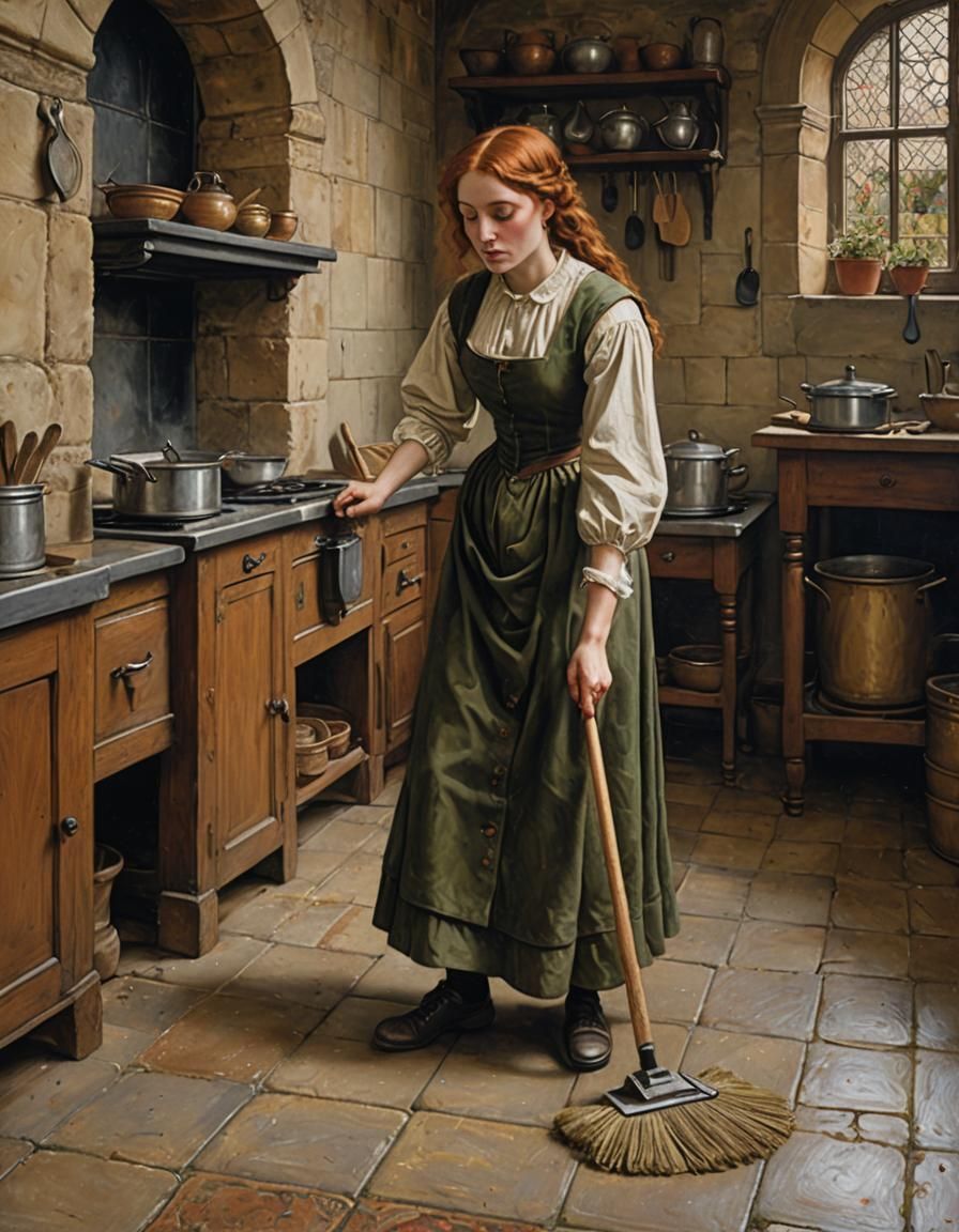 Pre-Raphaelite Servant Girl in Castle Kitchen