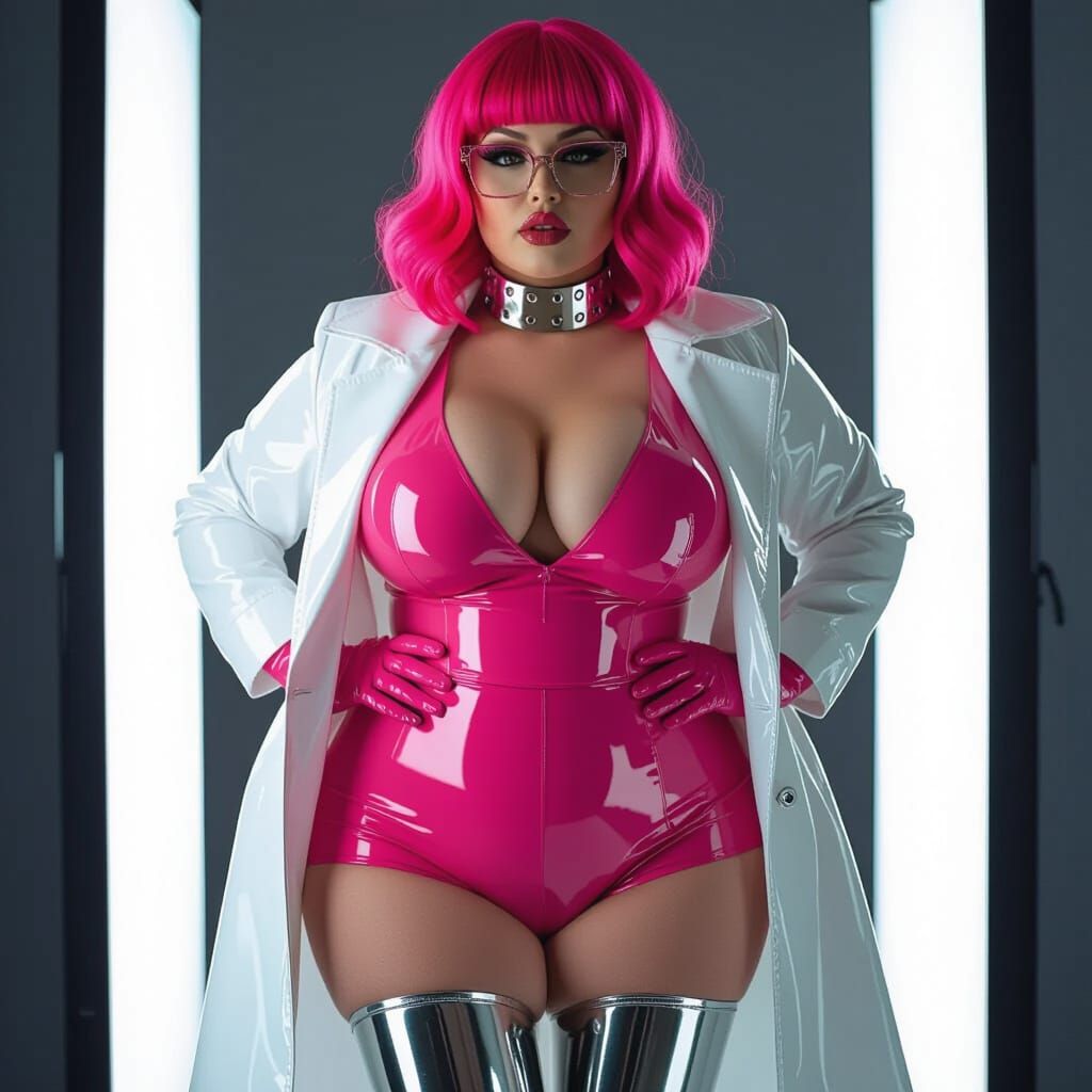 Pink Haired Woman in Latex Uniform and Raincoat