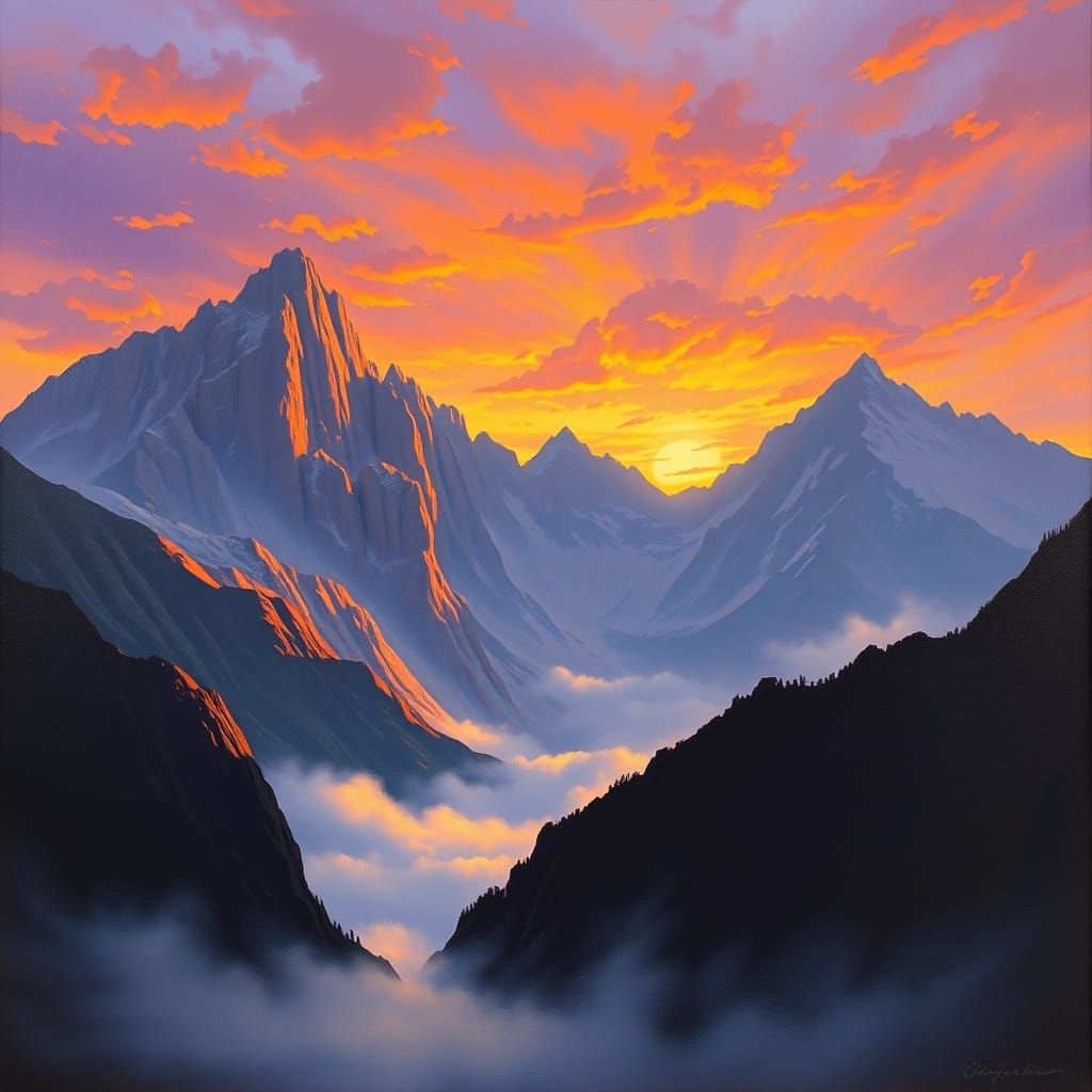 Majestic Mountain Range at Dawn in Oil Painting Style