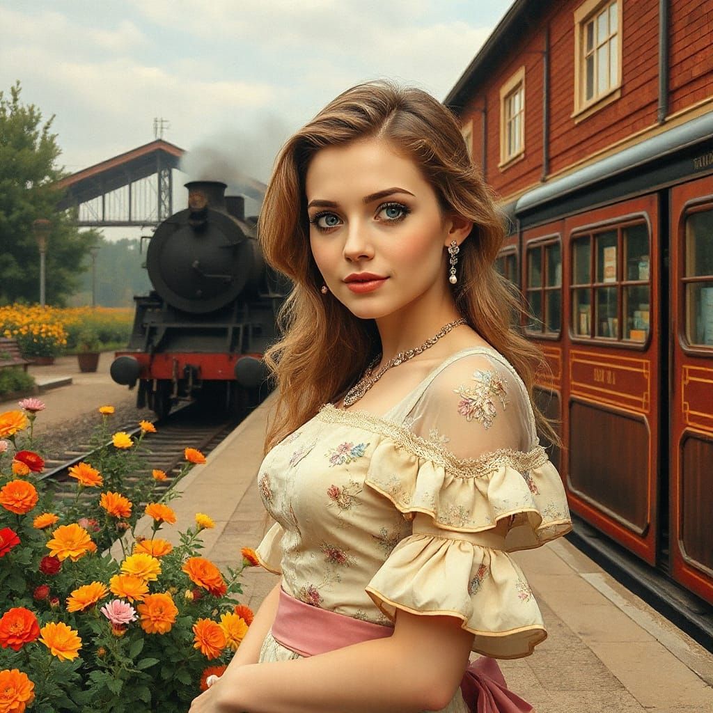 Nostalgic Woman at Train Station: Art Nouveau Style