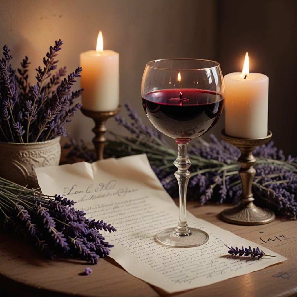 Romantic Still Life with Wine and Lavender