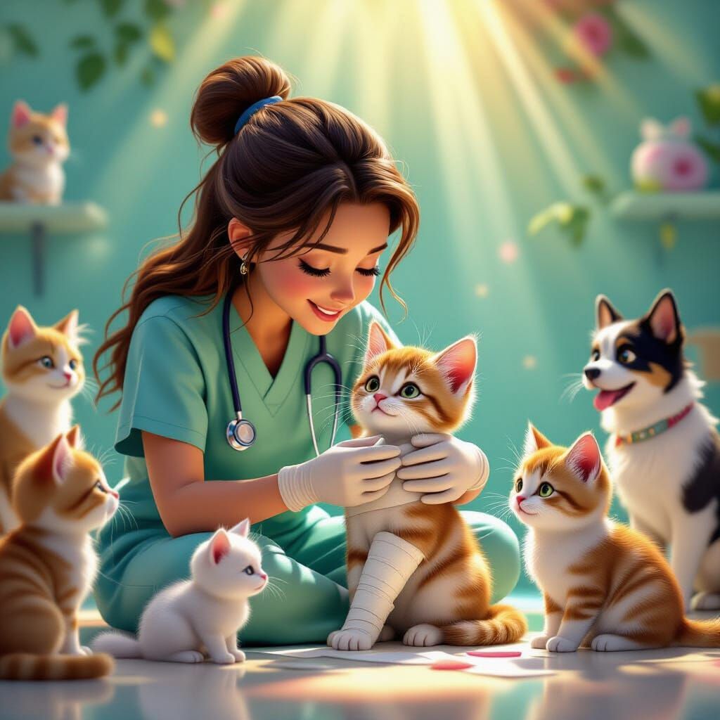 Veterinarian Bandaging Kitten, Pixar-Inspired 3D Art