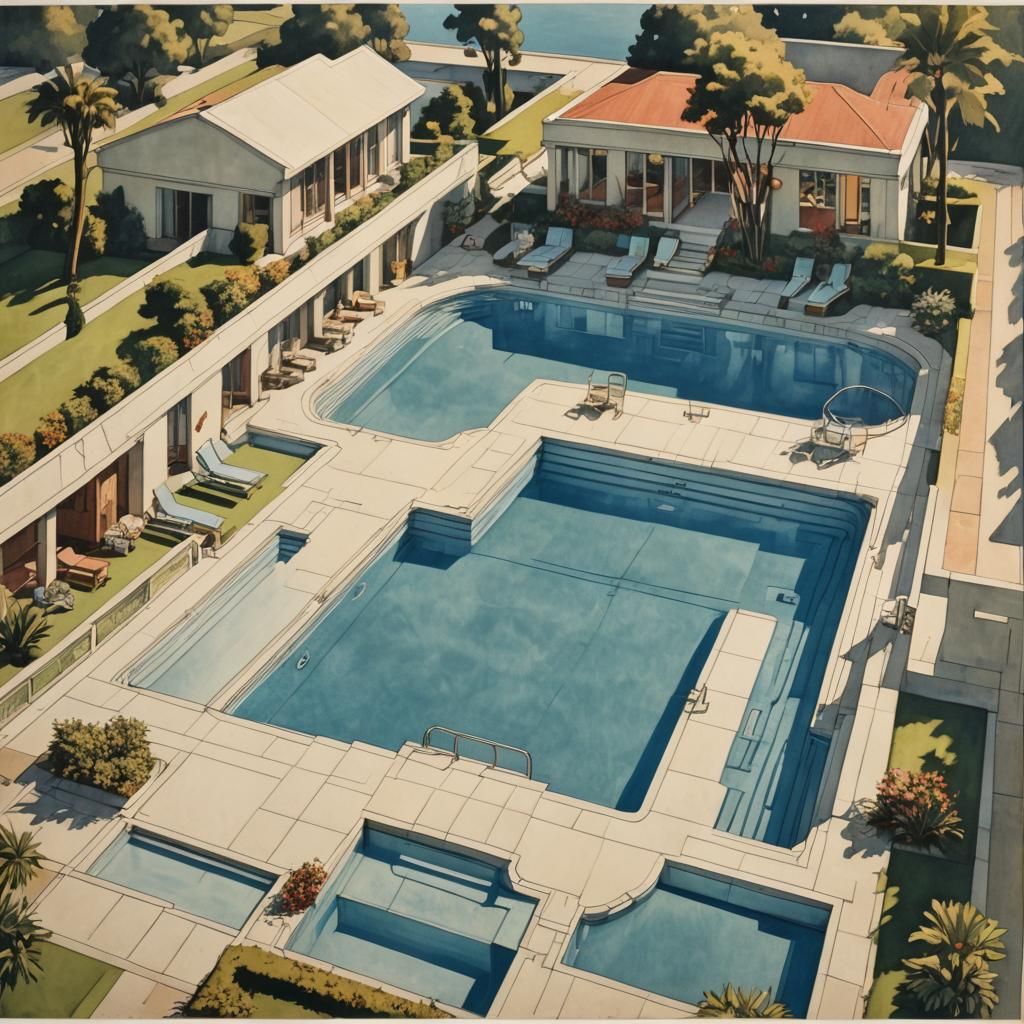 Art Deco Swimming Pool Blueprint in Tamara Lempicka Style