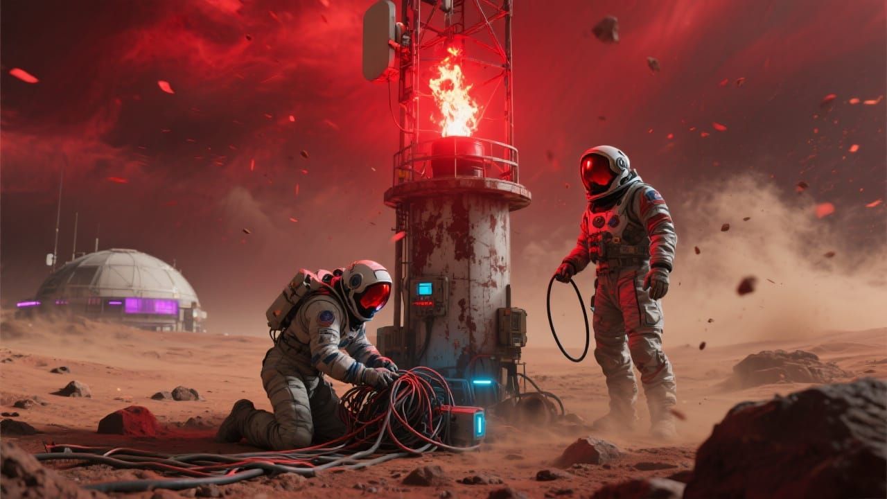 Astronauts Repairing Mars Tower in Dust Storm