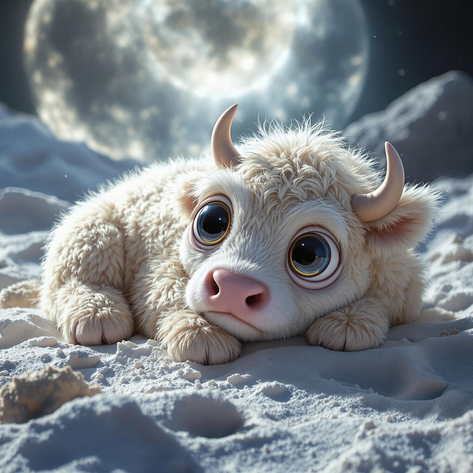 Adorable Cow Sleeps on Moon in Photorealistic 8K