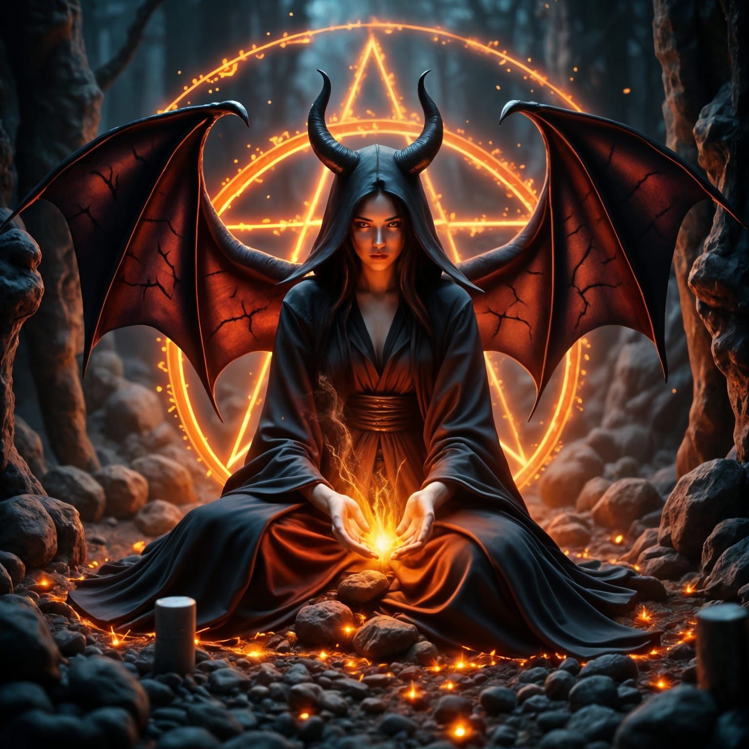 Ethereal Witch in Dark, Molten Lava Realism