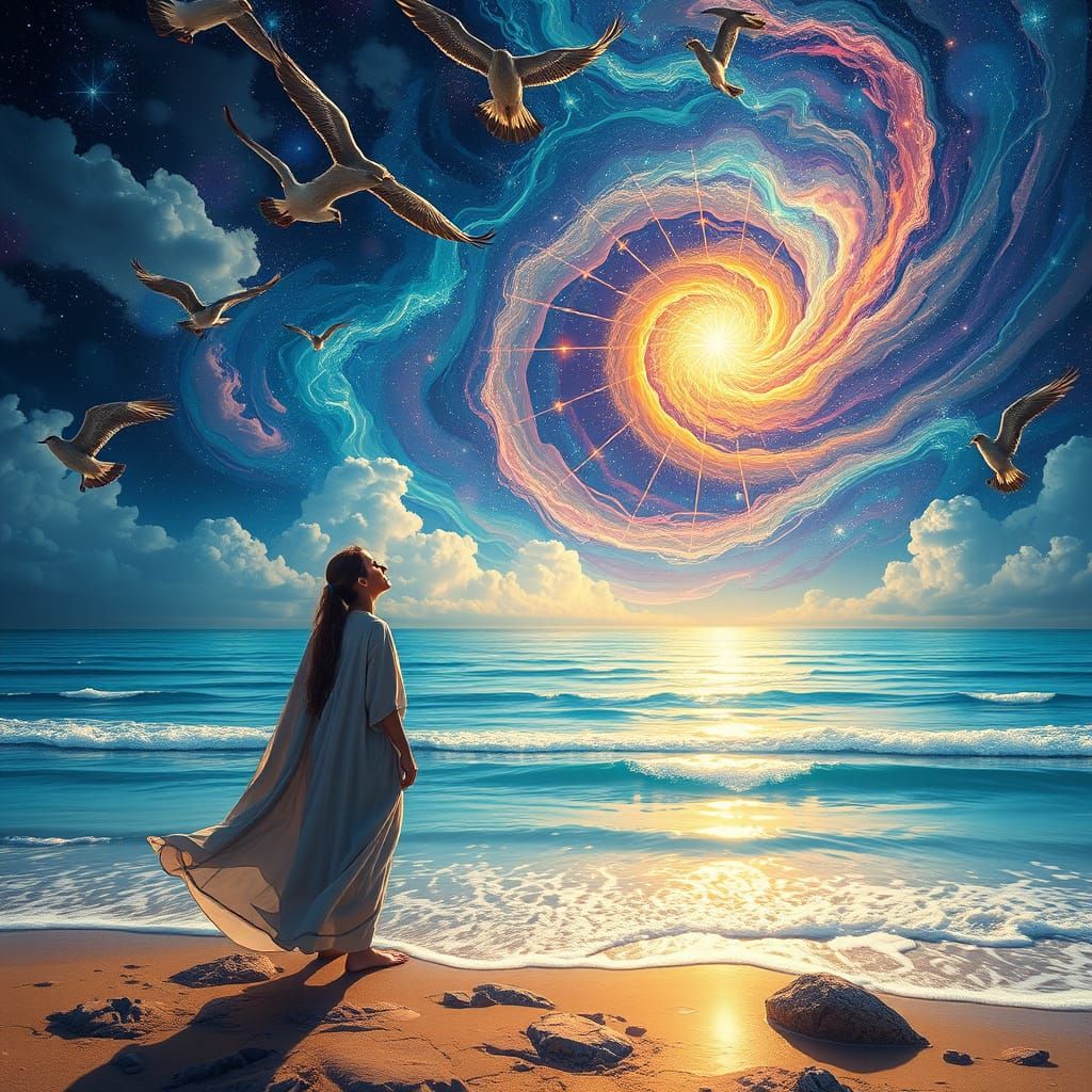 Astral Seashore Scene in Holographic Style