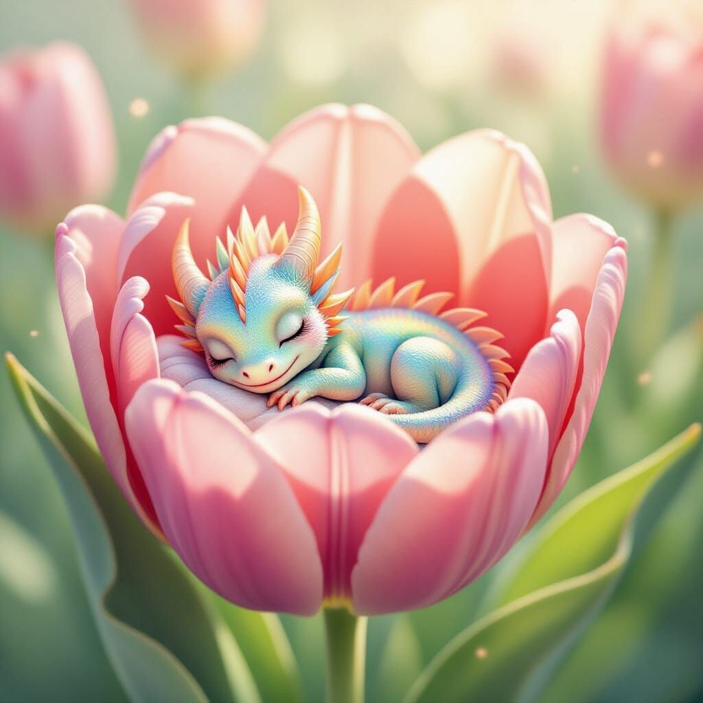 Rainbow Baby Dragon Sleeps in Giant Tulip