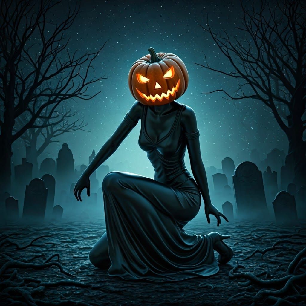 Ethereal Glass Figure in Graveyard, Eerie Glow