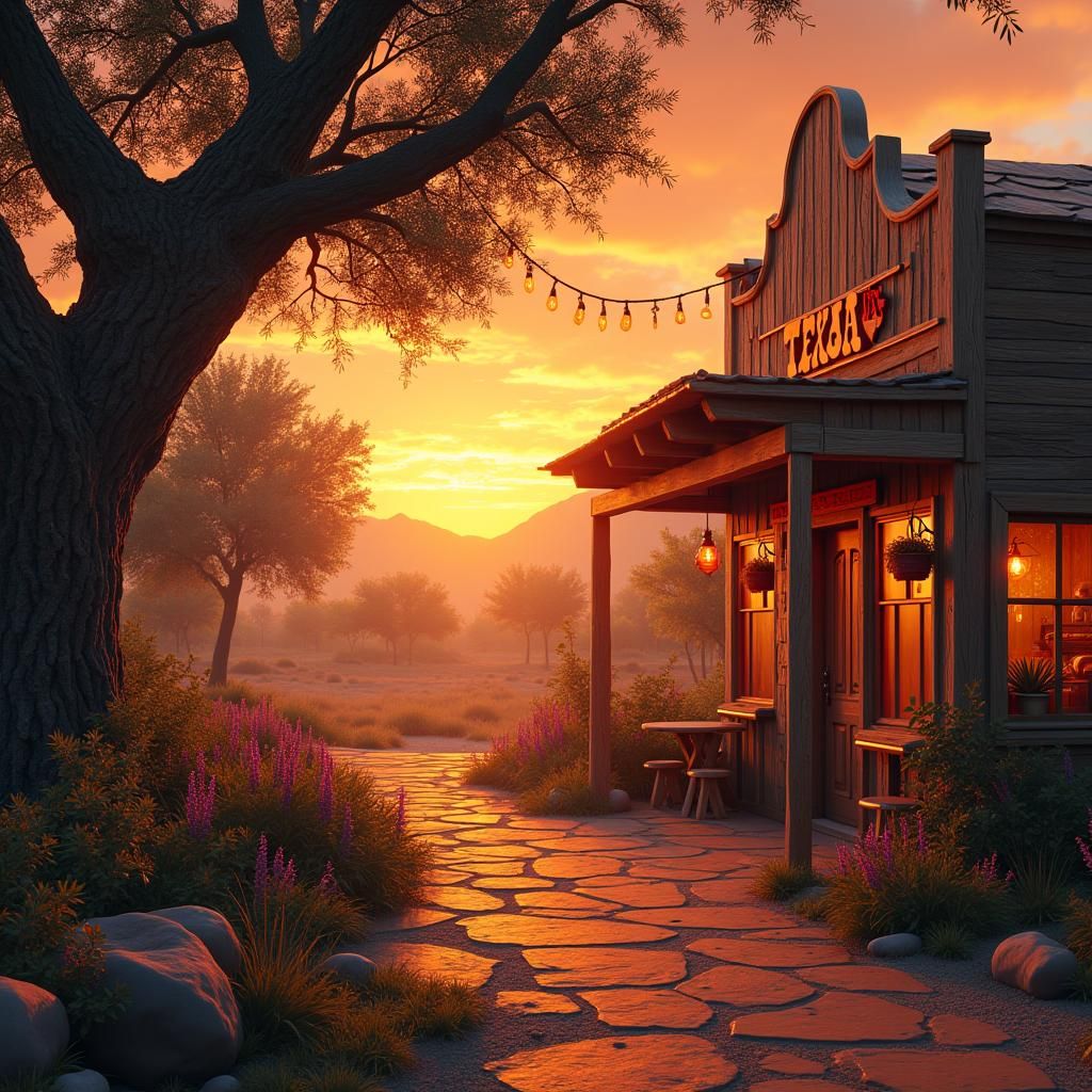 Texas Barbecue Scene in Storybook Southwest Town