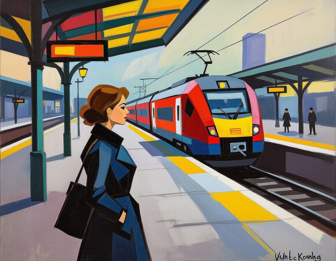 Abstract Expressionist Portrait of a Woman at Train Station