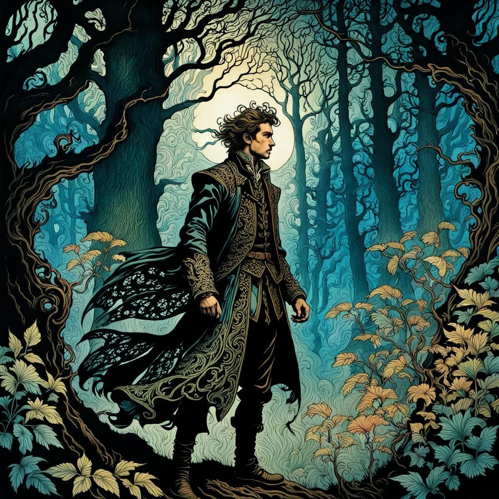 Man Lost in Enchanted Forest with Intricate Ornate Filigree