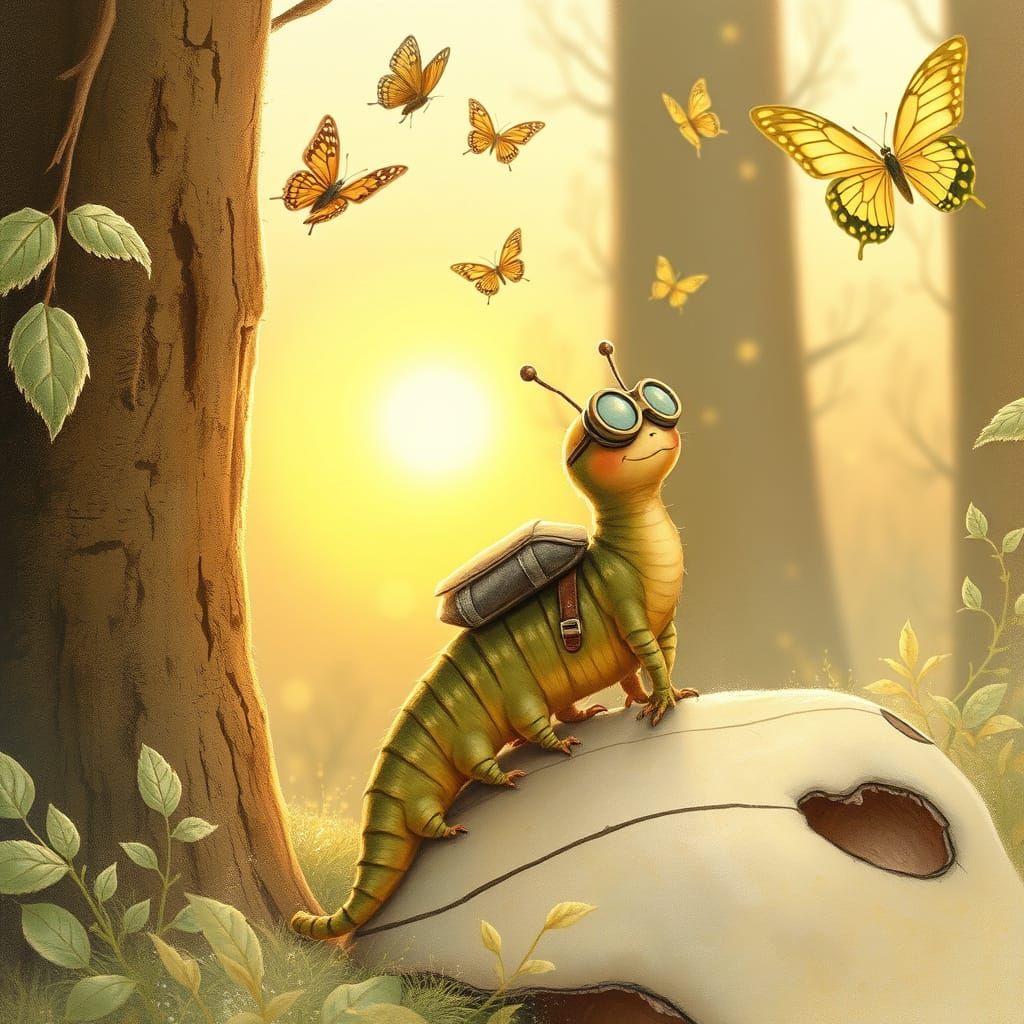 Whimsical Caterpillar Watches Butterflies Soar at Sunrise