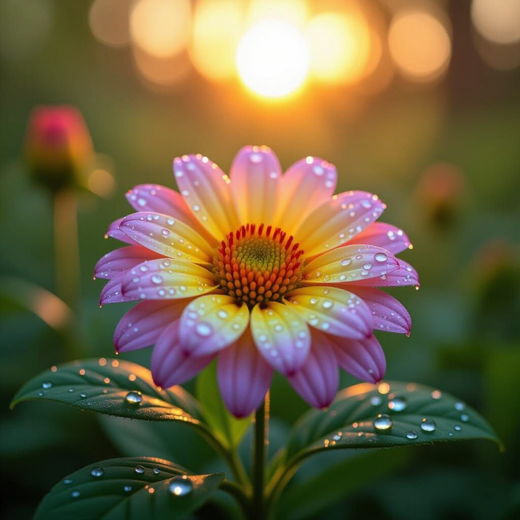 Rainbow Flower Dewdrops in Sunrise Rainforest
