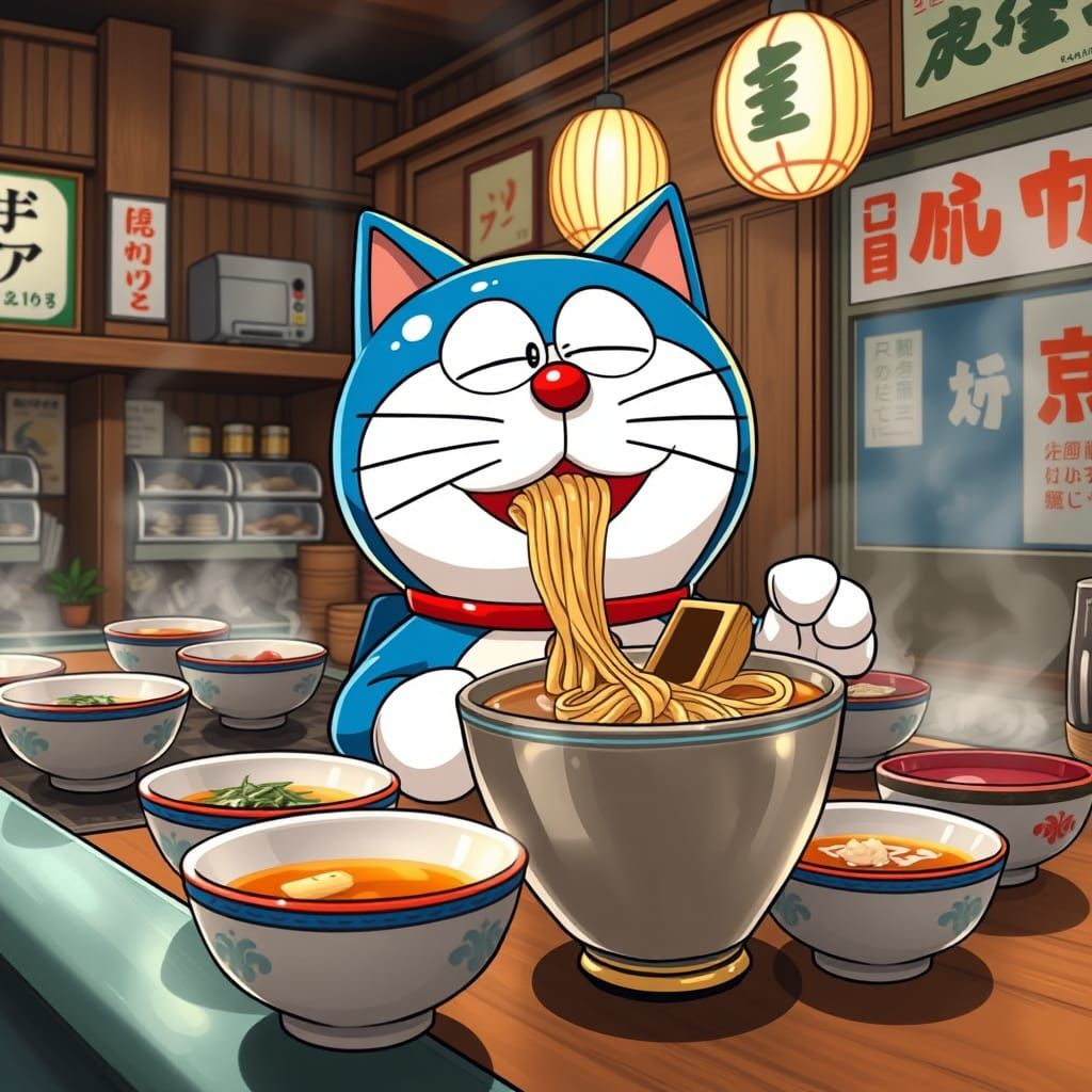 Robot Cat Savoring Tonkotsu Ramen in a Japanese Noodle Shop