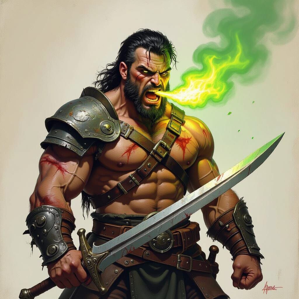 Scarred Warrior Breathing Green Fire in Fantasy Art Style