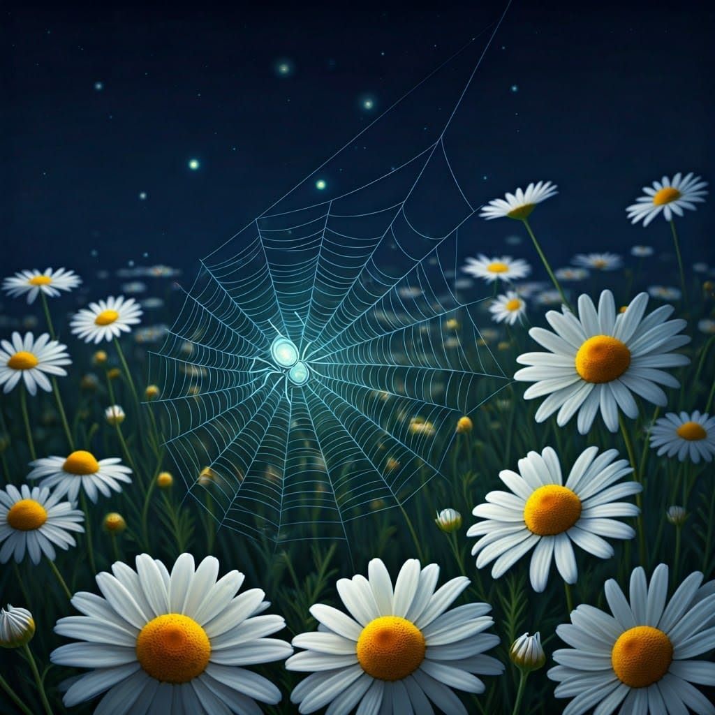 Ethereal Bioluminescent Spider Weaves Through Dreamy Chamomi...