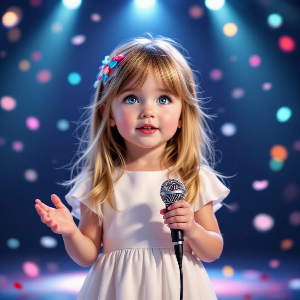 Photorealistic Young Girl Sings on Stage with Lights and Con...