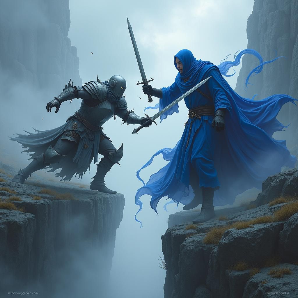 Knight and Wizard Duel on Rocky Cliff in Matte Painting Styl...