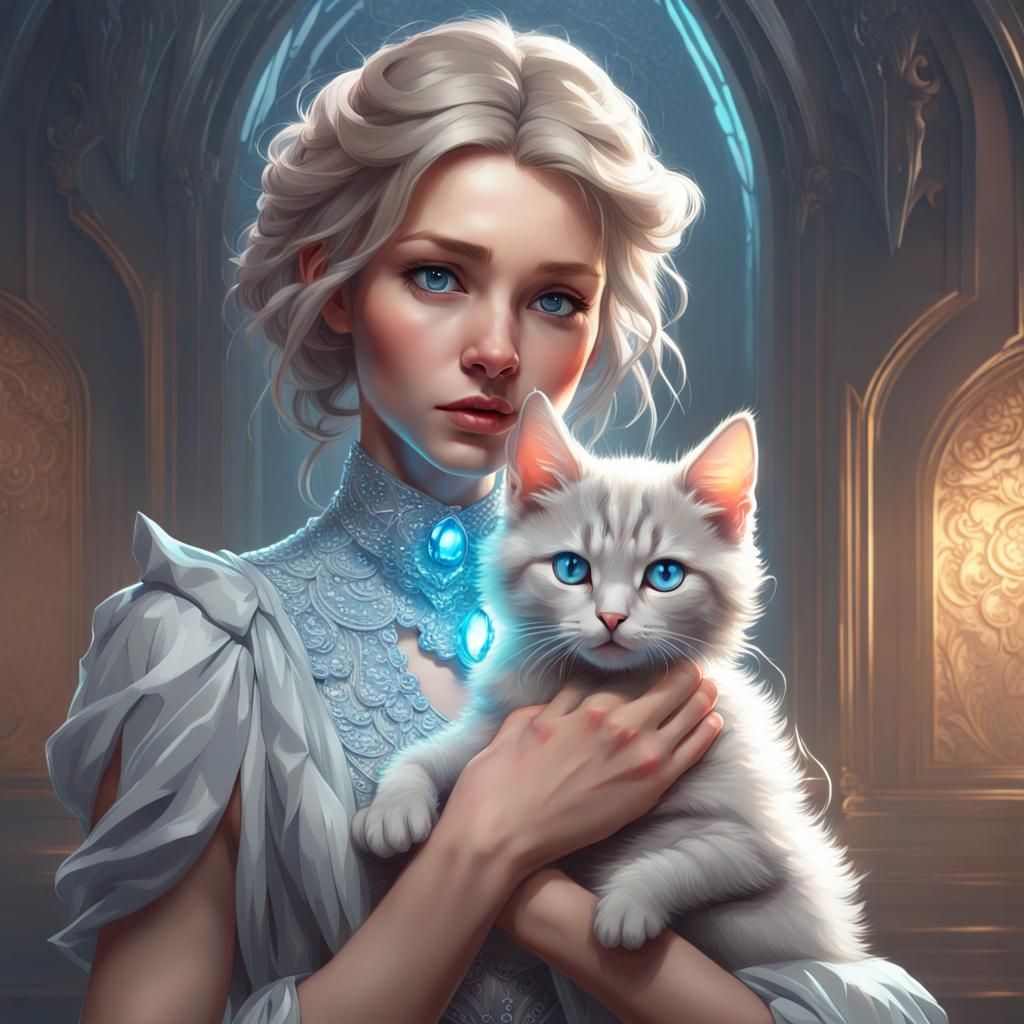 Crystalline Girl with Kitten: Hyperdetailed Digital Art