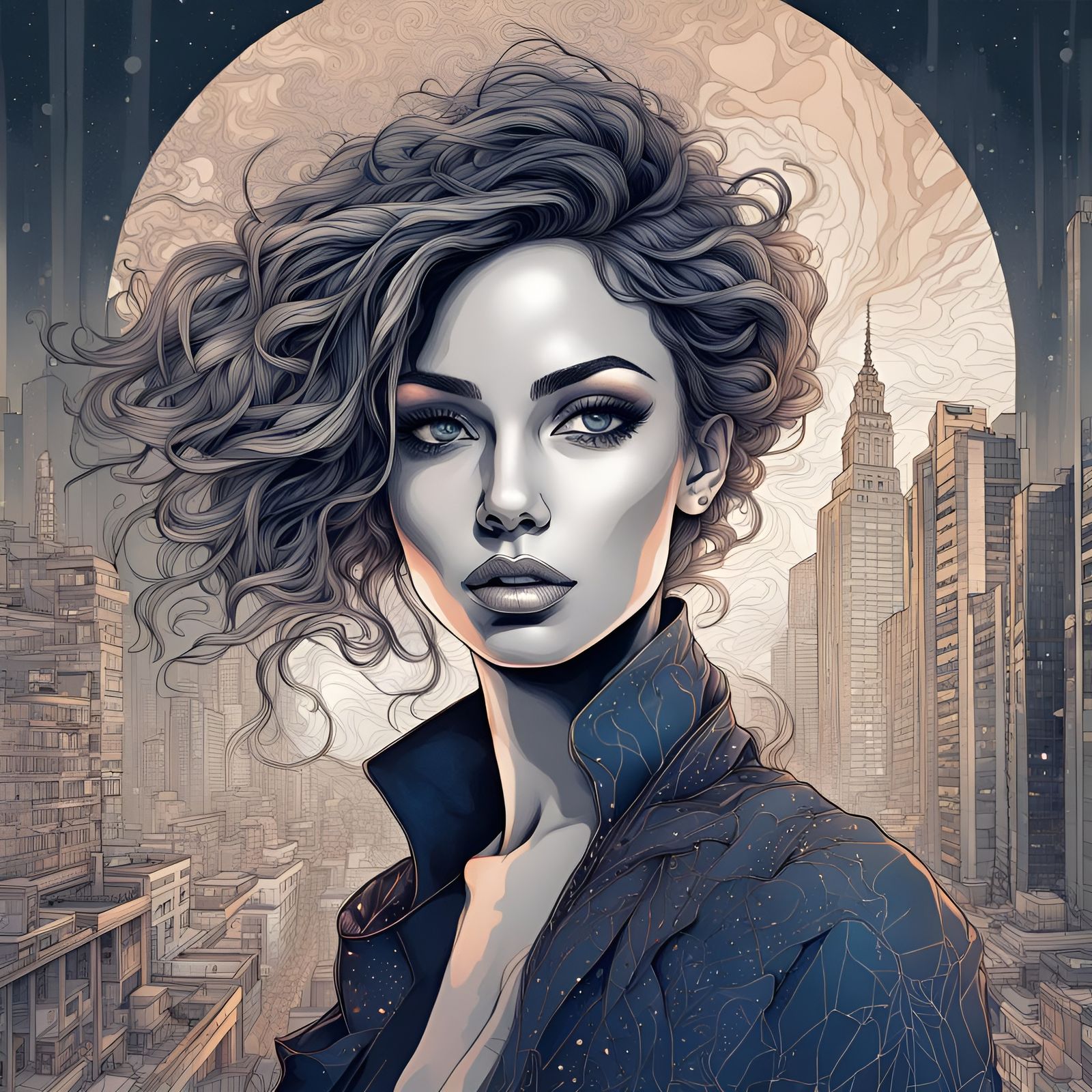 Line Art Lady in Detailed Cityscape