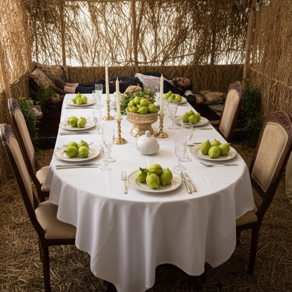 Magnificent Sukkah Table Setting with Etrogim and Resting Ma...