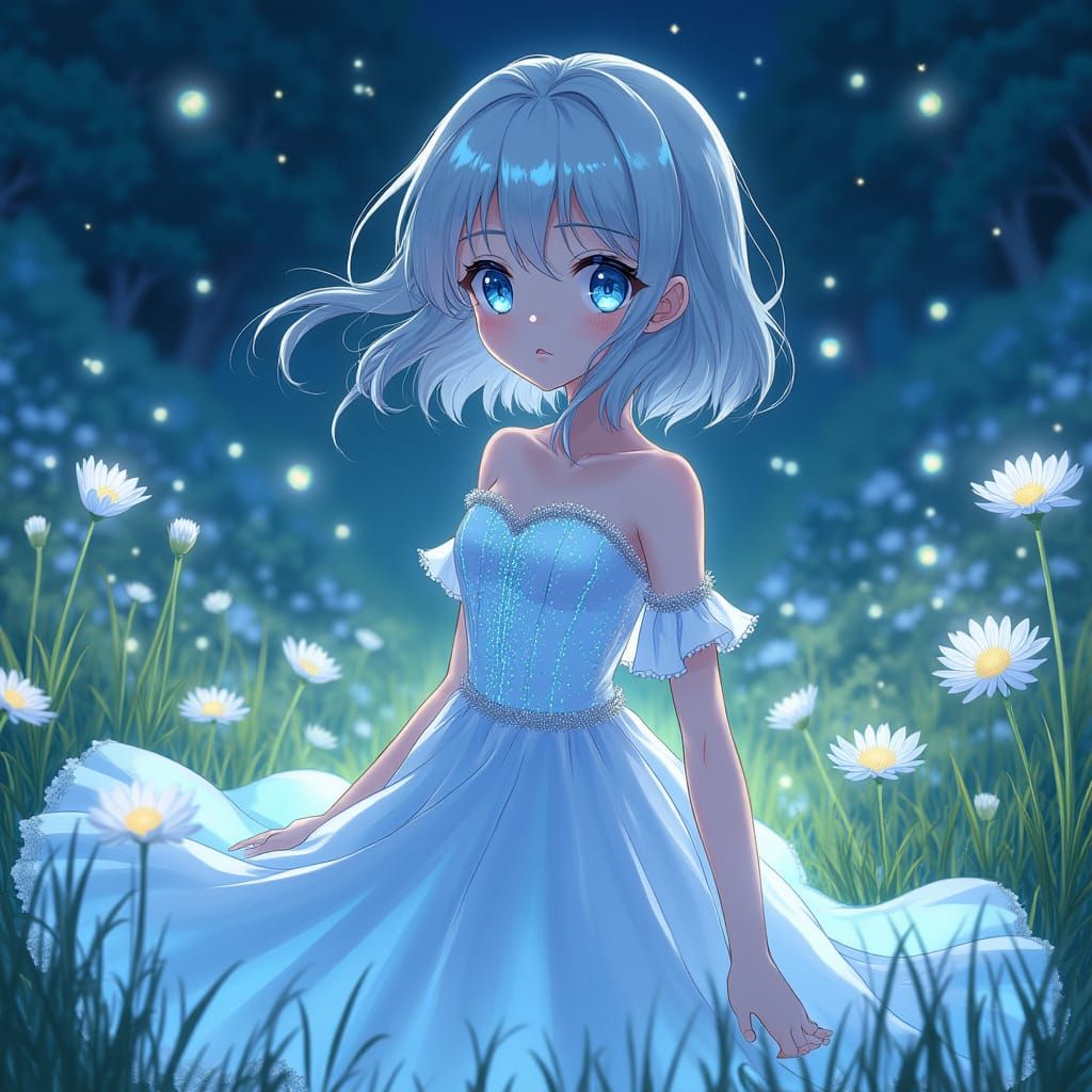 Anime Woman in Bioluminescent Meadow, Ghibli-inspired
