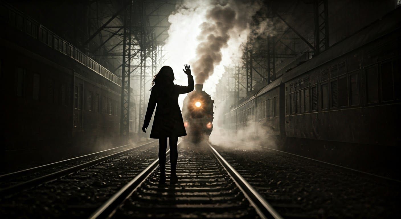 Girl Waving at Train: Charcoal Steampunk Art