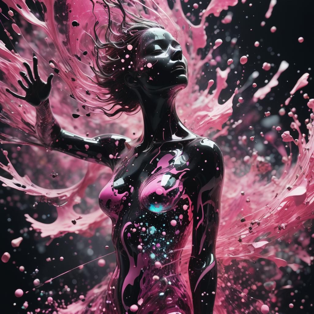 A human figure dissolving into Quantum Particles, with small fragments breaking away and floating. Use contrasting pink ...