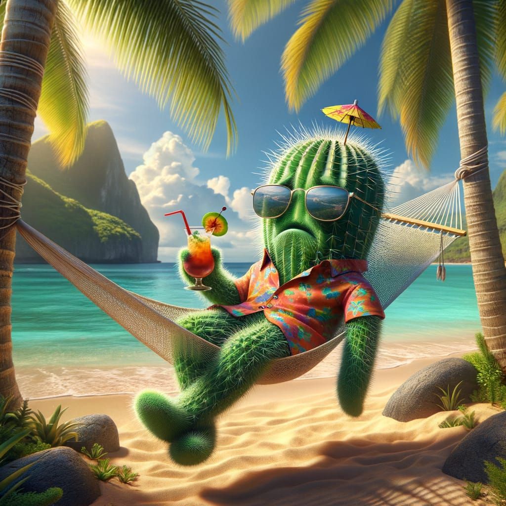 Surreal Tropical Oasis with a Dejected Cactus