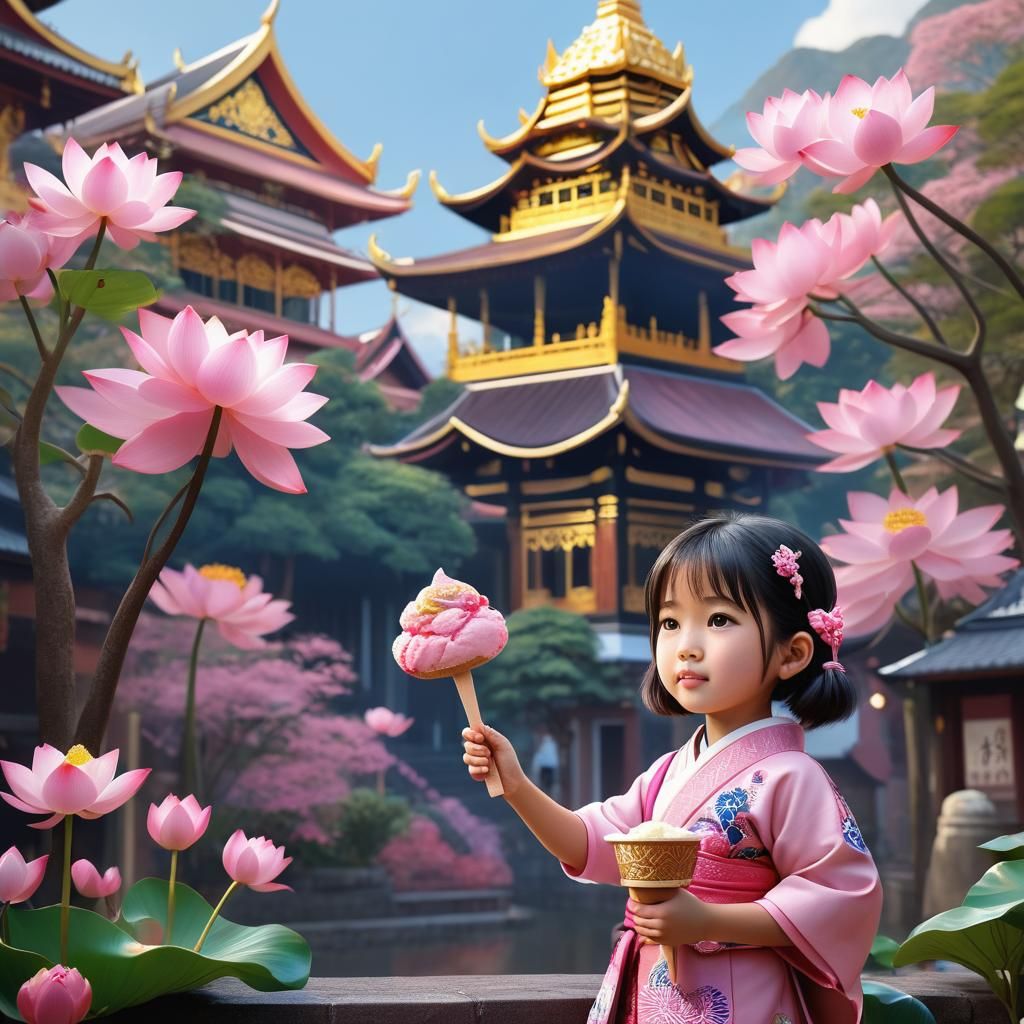 Japanese Girl with Lotus Ice Cream: Anime Art
