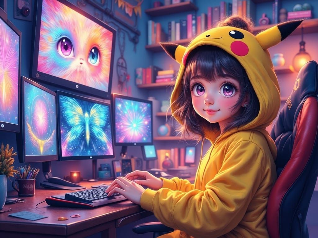Anime Girl Typing at Gaming Desk in Colourful Bedroom