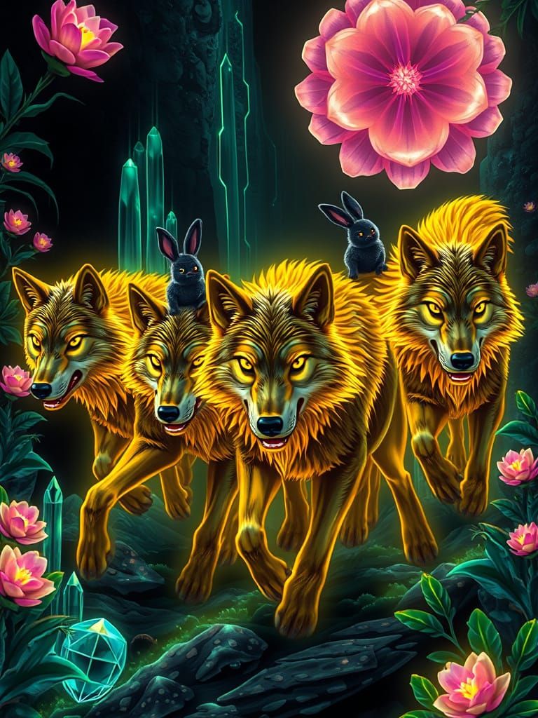 Gilded Wolves and Bunnies in Neon-lit Forest