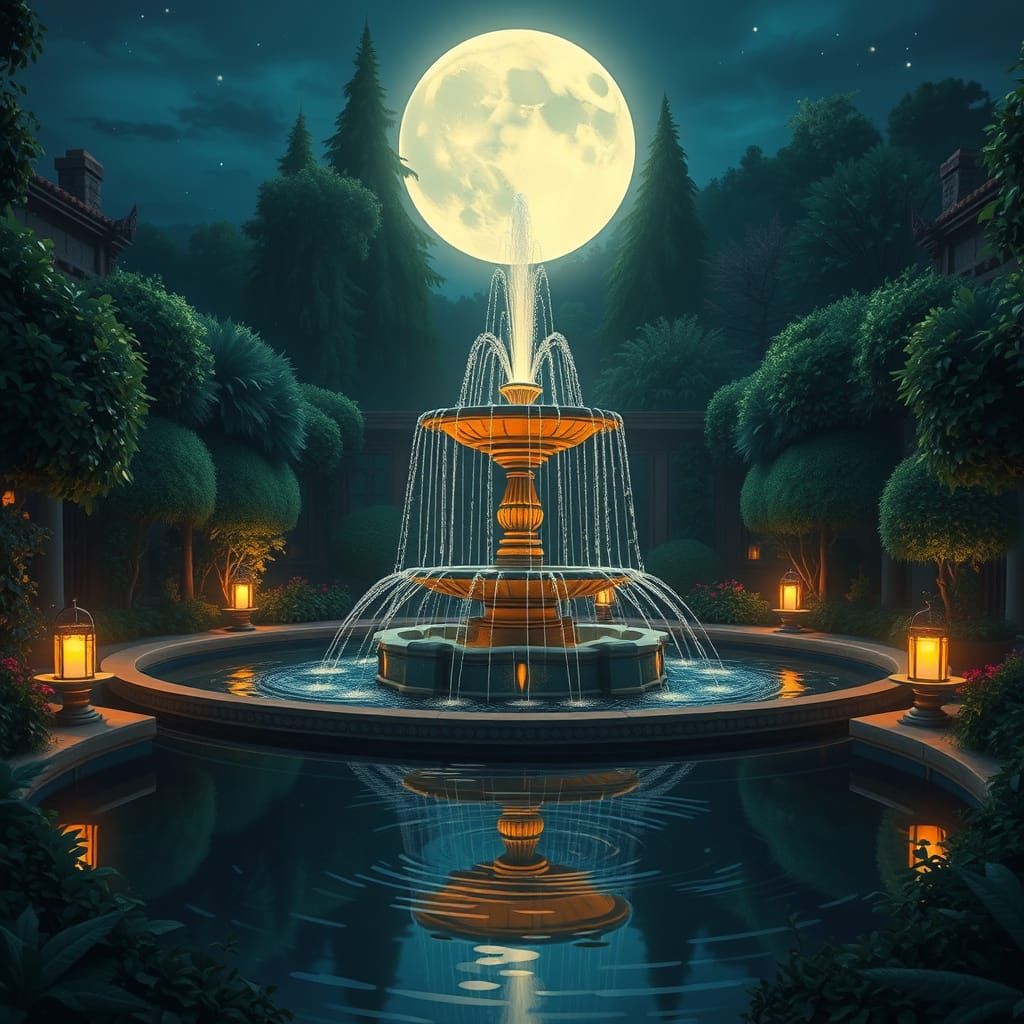 Glowing Fountain in Moonlit Courtyard