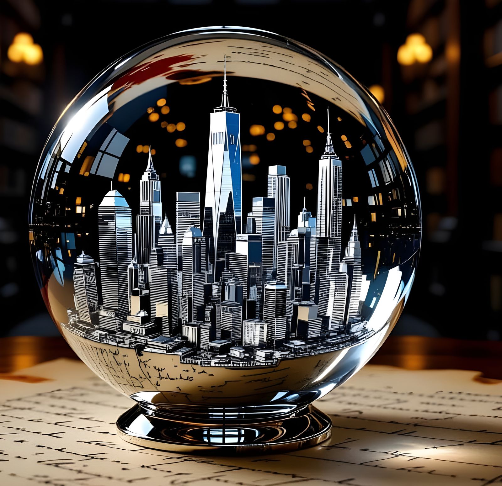 Platinum City in Glass Sphere on Parchment