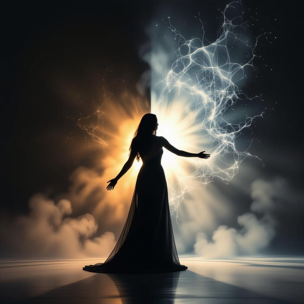 Woman's Silhouette in Darkness with Ethereal Light Sources
