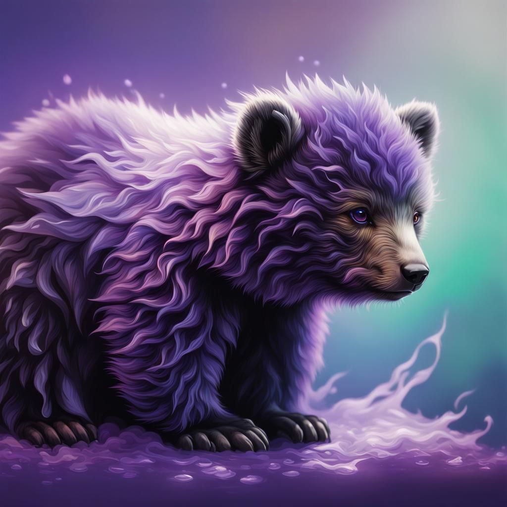 Crystal Bear Cub with Purple Flames, Hyperrealistic Art