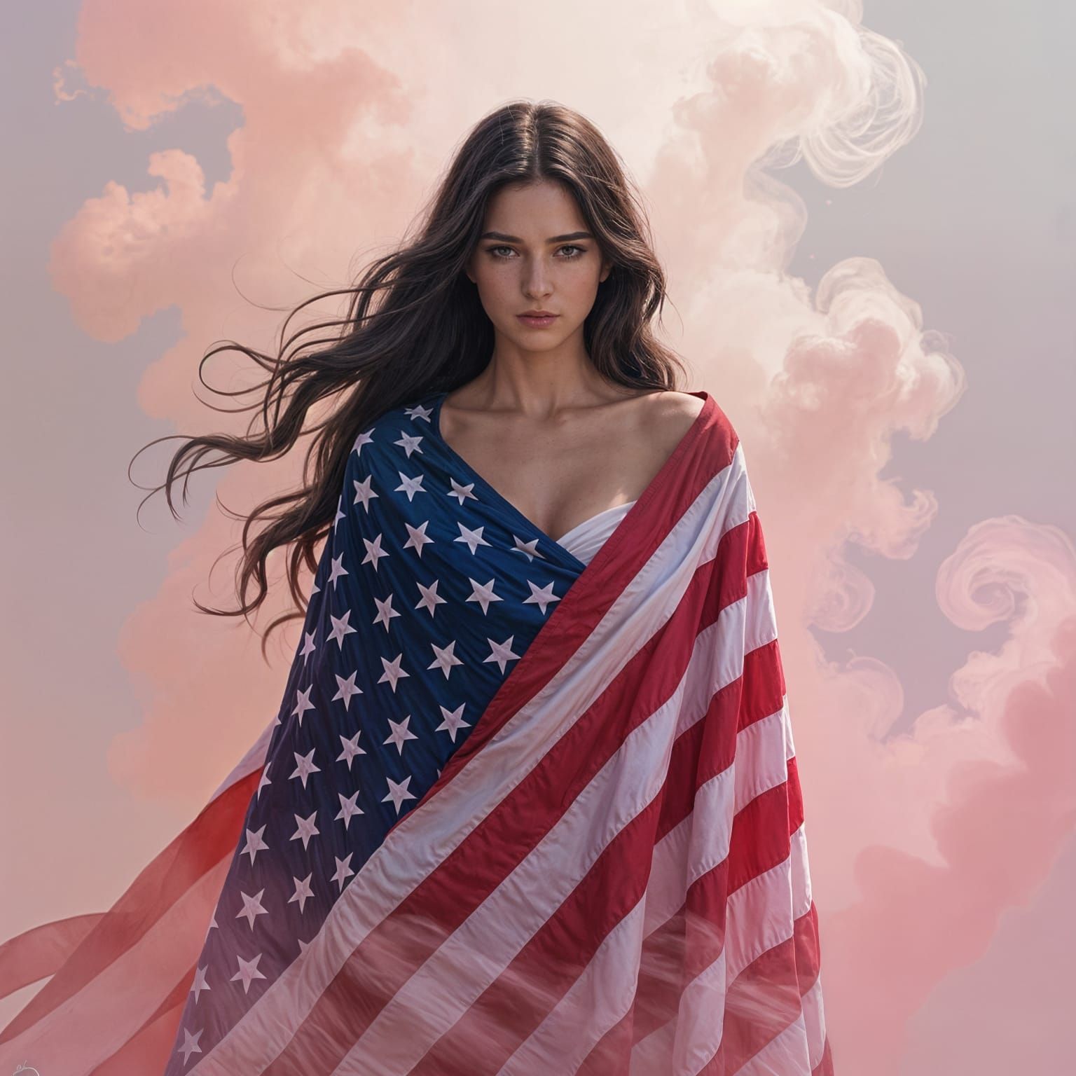 Sinister Portrait of Woman Draped in US Flag