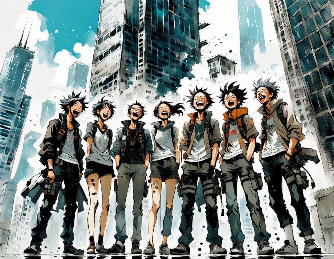 Solarpunk Teenagers Laughing in Chicago: Ink Painting