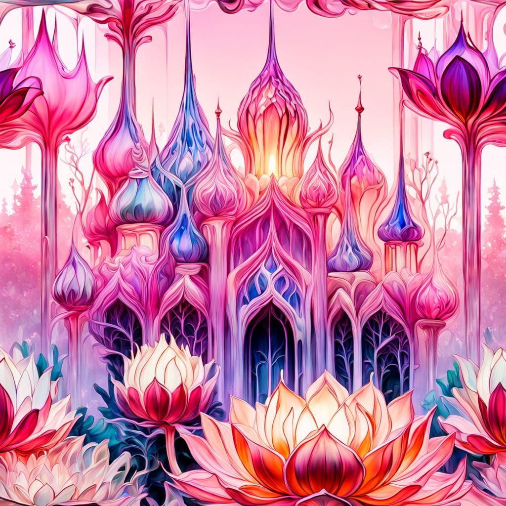 Glass Castle on Lotus Blossom in Surreal Style