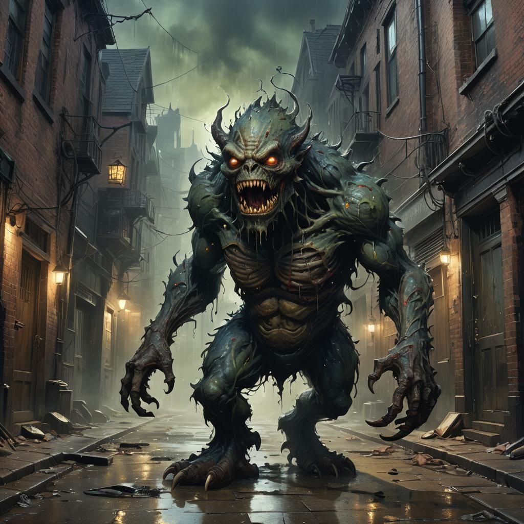 Grotesque Tax Monster in Dystopian Fantasy Alleyway