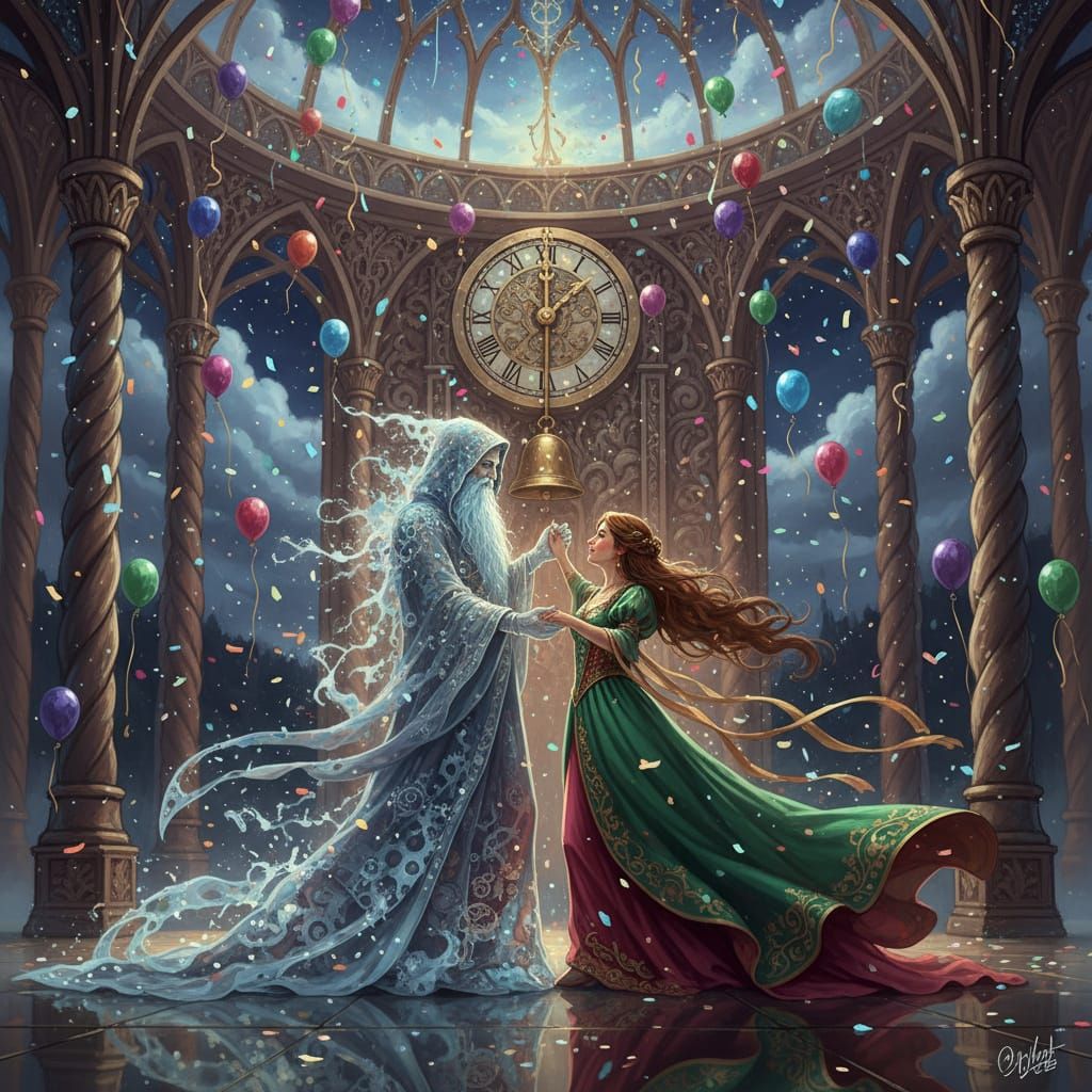 Father Time Waltzes with Woman at Midnight Ball