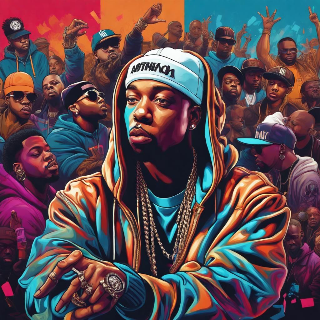 AI art piece that pays tribute to hip-hop's role in social and political activism. Depict a hip-hop artist using their m...