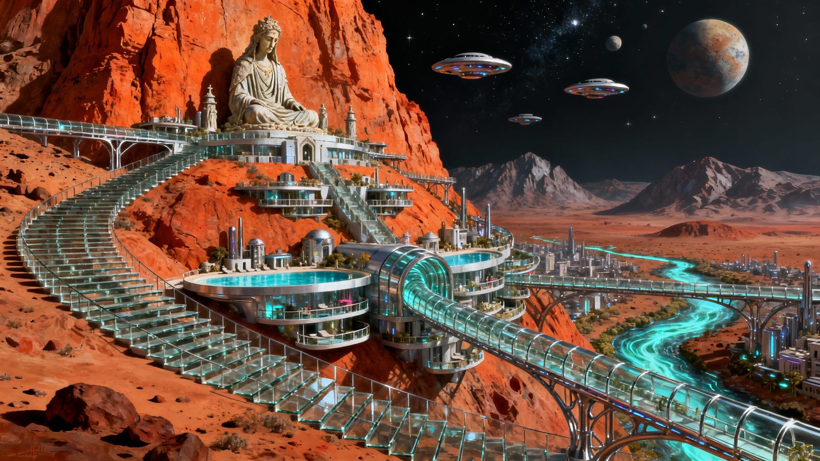Futuristic Martian City on Mountain with UFOs