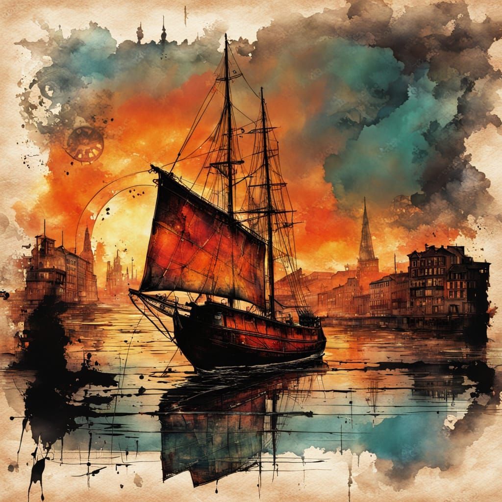 Vibrant Steampunk Sailboat at Sunset