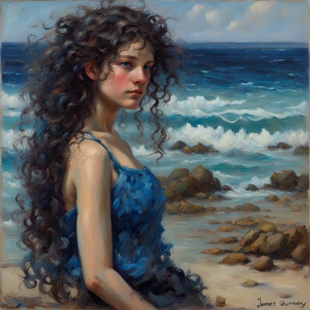 Enchanting Girl with Blue Hair, Oil Painting