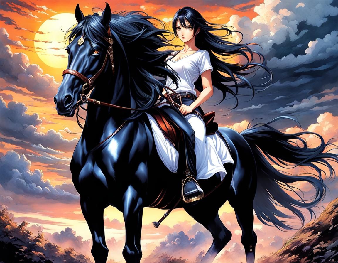 Hyperdetailed perfect airbrush anime-style art, Anime girl riding a beautiful black horse ,she wears white t-shirt, jea...