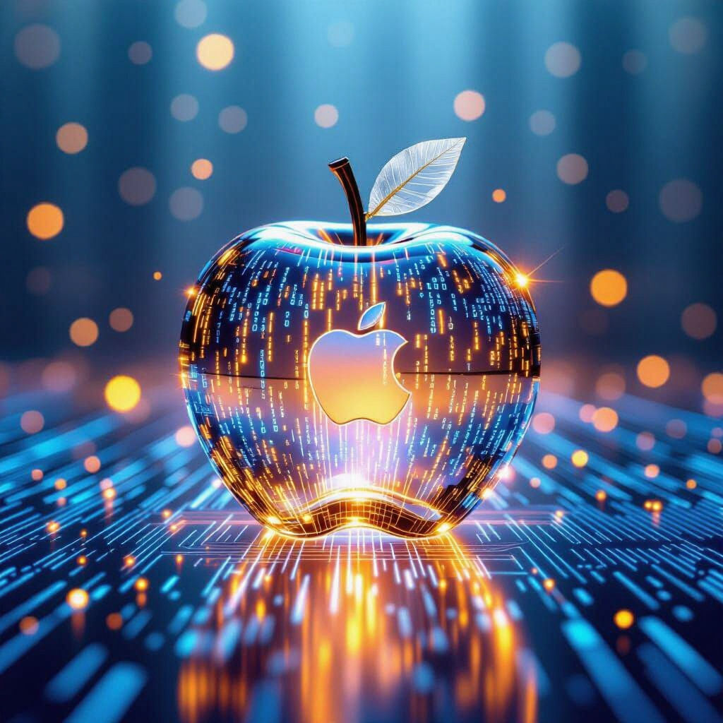 Translucent Apple Made of Data Code Emerging from Screen